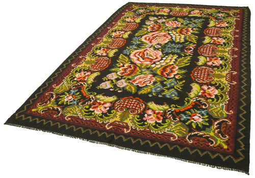 Moldovian Floral Siyah Çiçekli Pamuk Yün Keçi Tüyü El Dokuma Halısı 187x302 Agacan