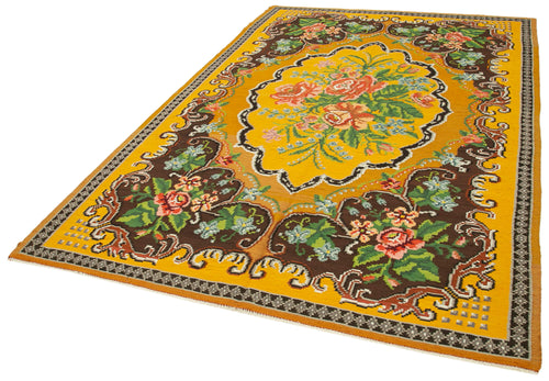 Moldovian Floral Sarı Çiçekli Pamuk Yün Keçi Tüyü El Dokuma Halısı 194x297 Agacan