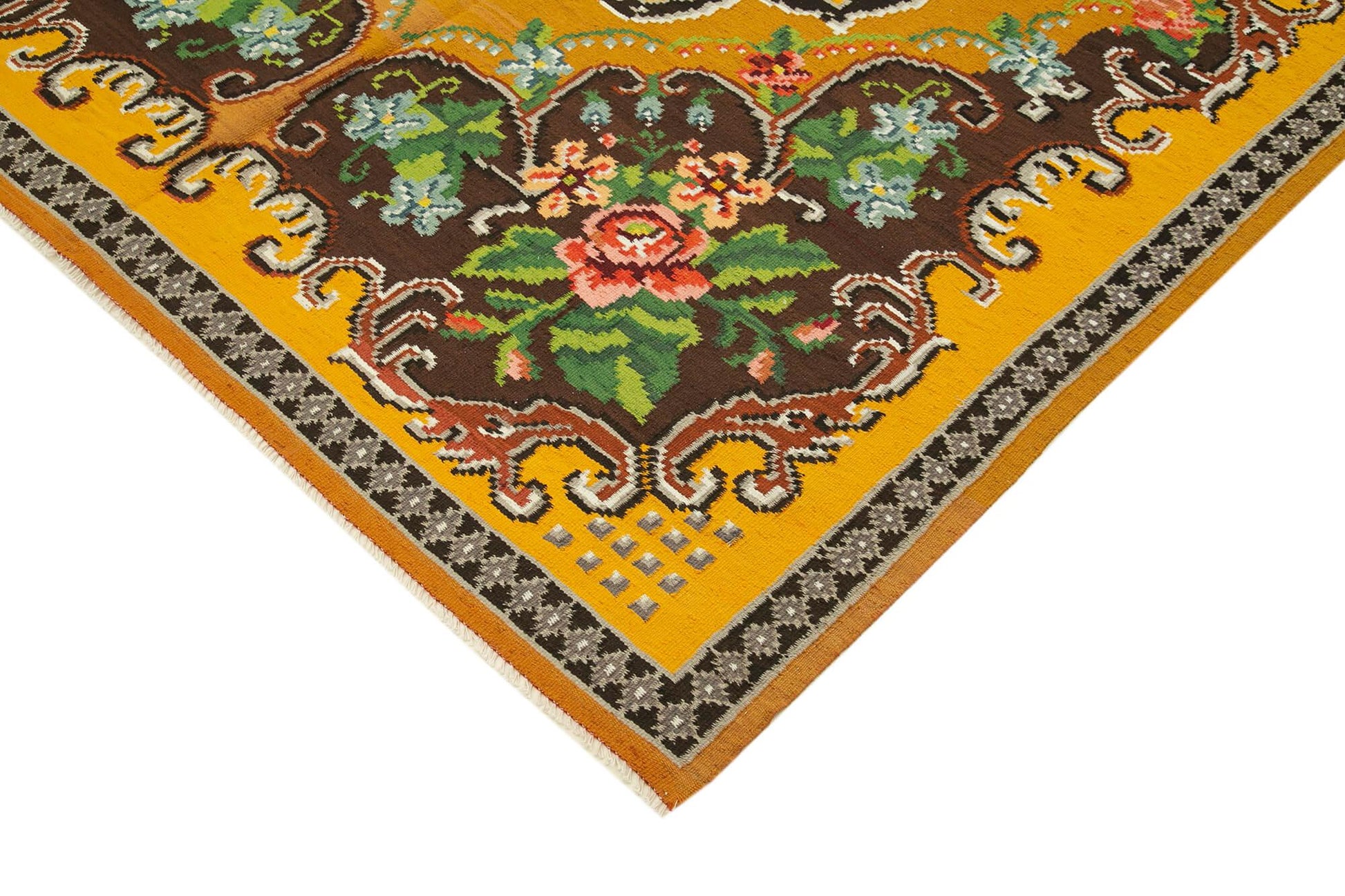Moldovian Floral Sarı Çiçekli Pamuk Yün Keçi Tüyü El Dokuma Halısı 194x297 Agacan
