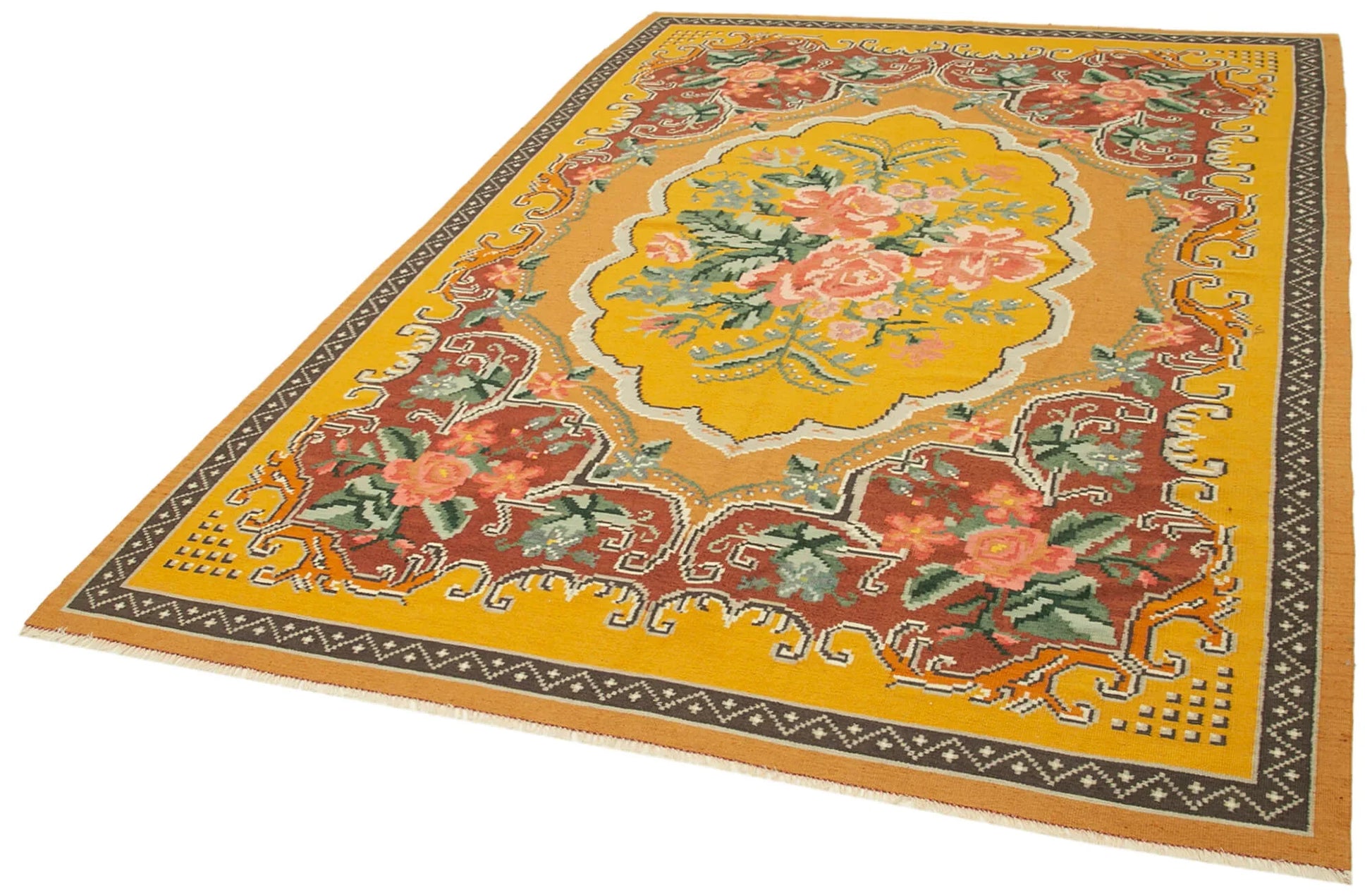 Moldovian Floral Sarı Çiçekli Pamuk Yün Keçi Tüyü El Dokuma Halısı 197x291 Agacan