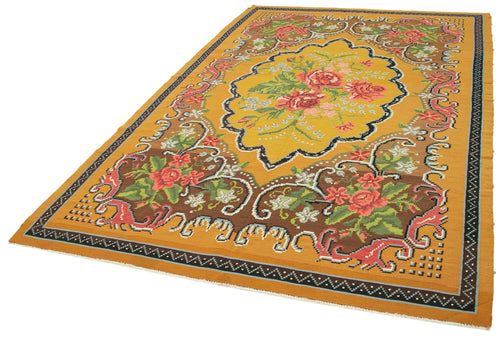 Moldovian Floral Sarı Çiçekli Pamuk Yün Keçi Tüyü El Dokuma Halısı 190x314 Agacan