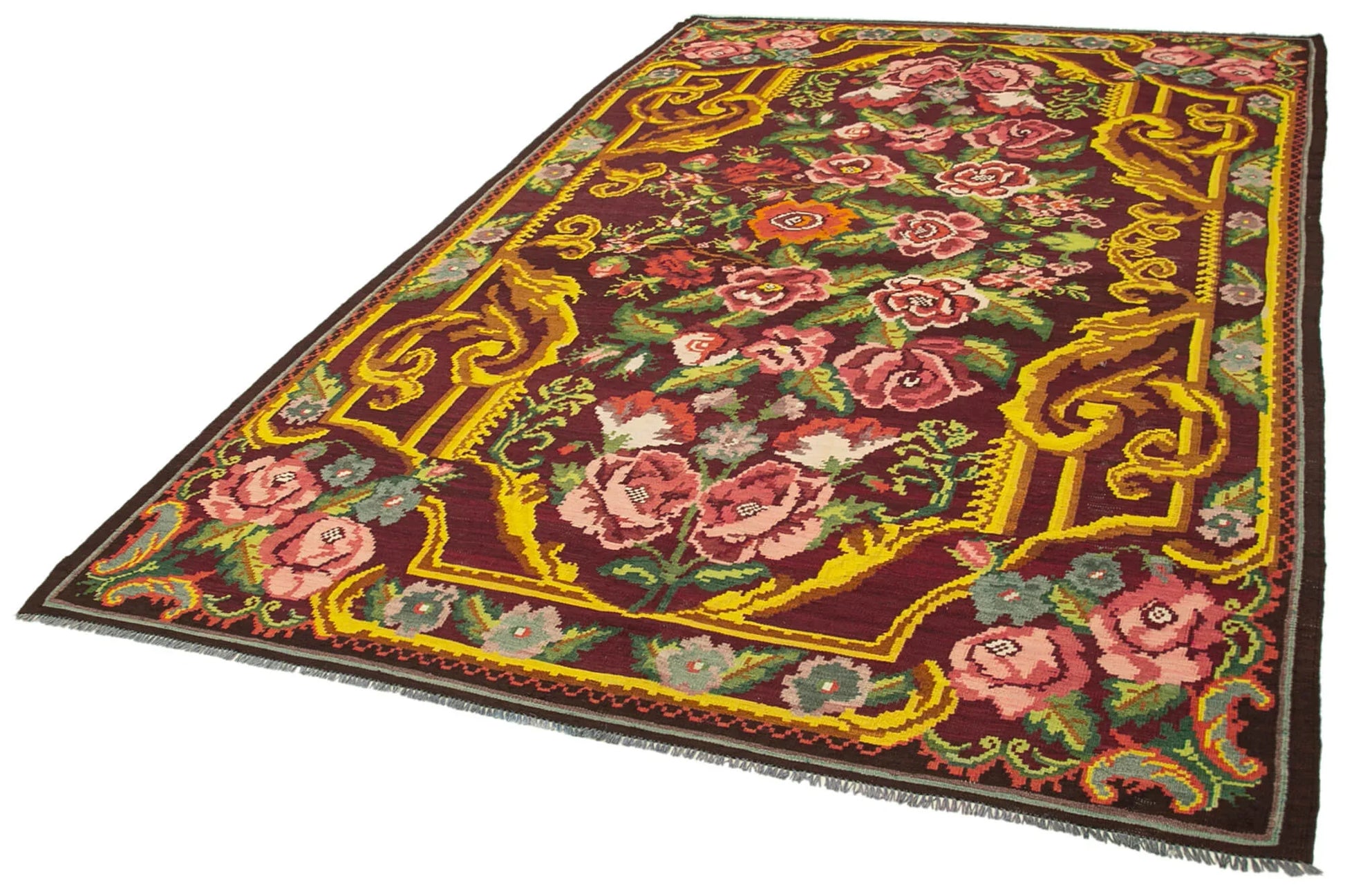 Moldovian Floral Siyah Çiçekli Pamuk Yün Keçi Tüyü El Dokuma Halısı 202x320 Agacan