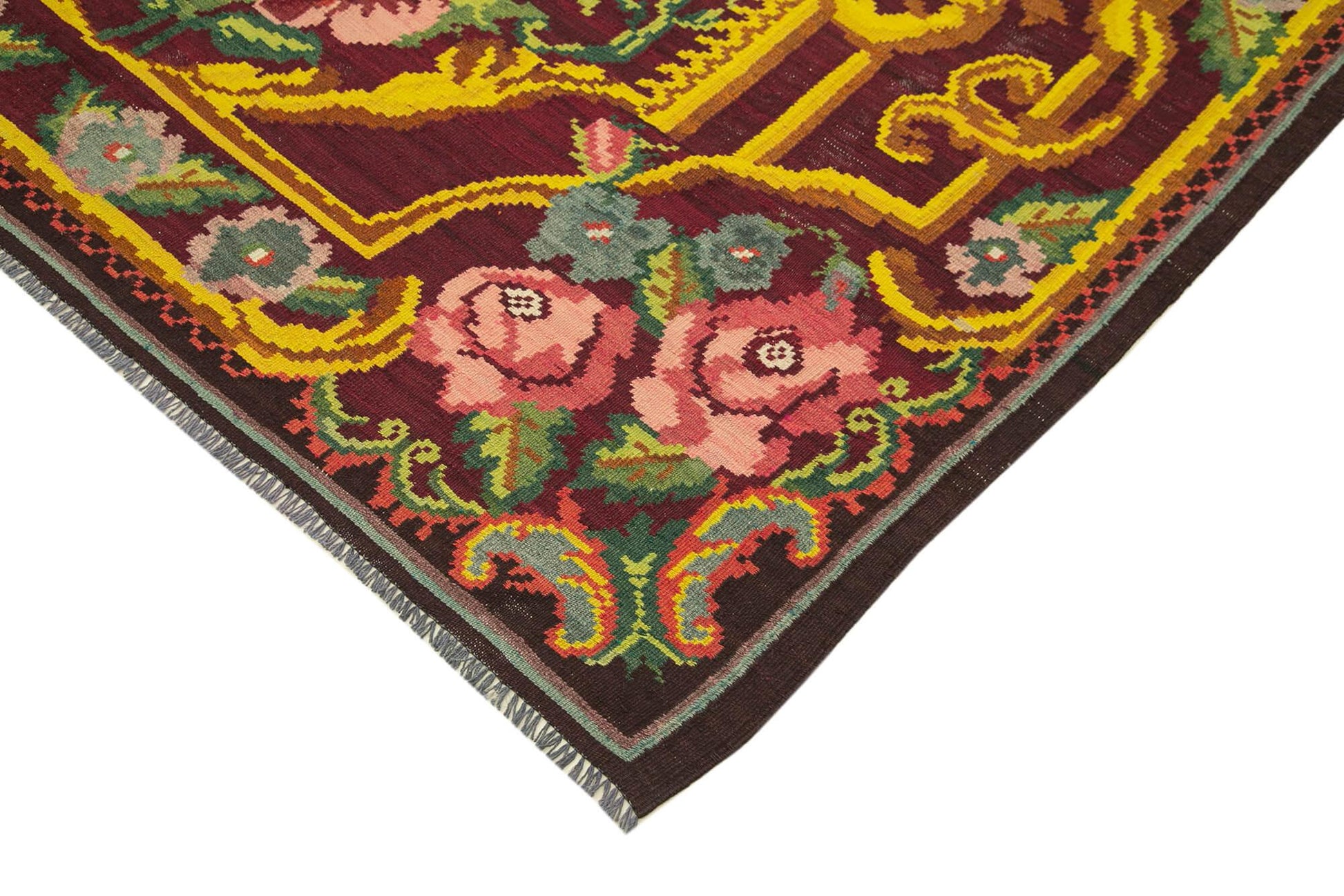 Moldovian Floral Siyah Çiçekli Pamuk Yün Keçi Tüyü El Dokuma Halısı 202x320 Agacan