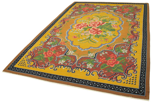 Moldovian Floral Sarı Çiçekli Pamuk Yün Keçi Tüyü El Dokuma Halısı 198x295 Agacan