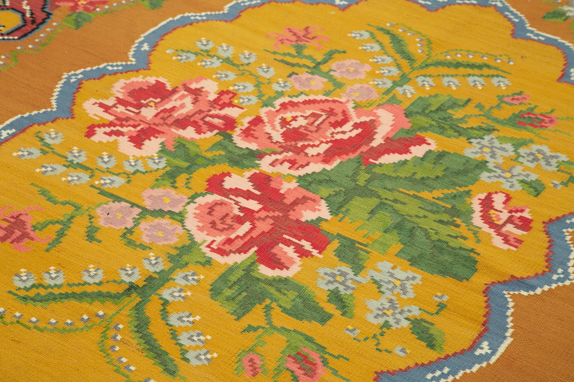 Moldovian Floral Sarı Çiçekli Pamuk Yün Keçi Tüyü El Dokuma Halısı 198x295 Agacan