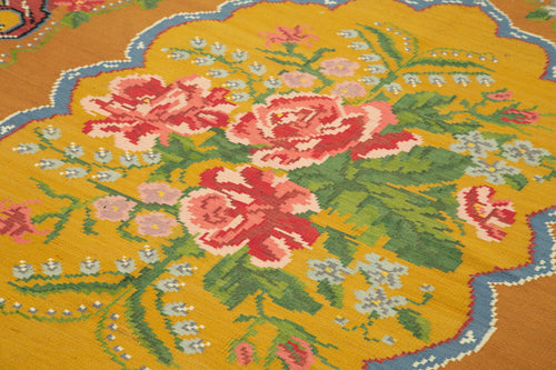 Moldovian Floral Sarı Çiçekli Pamuk Yün Keçi Tüyü El Dokuma Halısı 198x295 Agacan