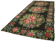 Moldovian Floral Siyah Çiçekli Pamuk Keçi Tüyü Yün El Dokuma Halısı 195x470 Agacan