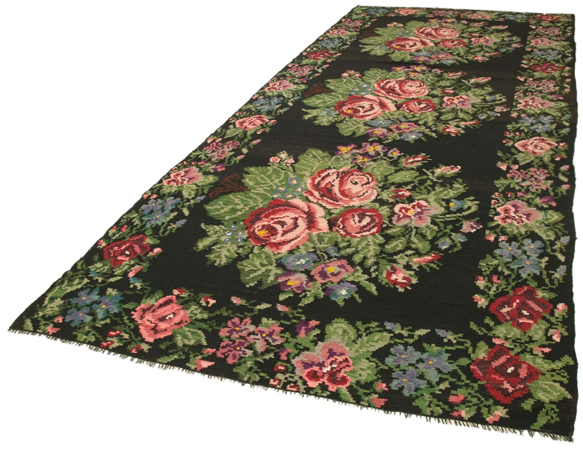 Moldovian Floral Siyah Çiçekli Pamuk Keçi Tüyü Yün El Dokuma Halısı 195x470 Agacan