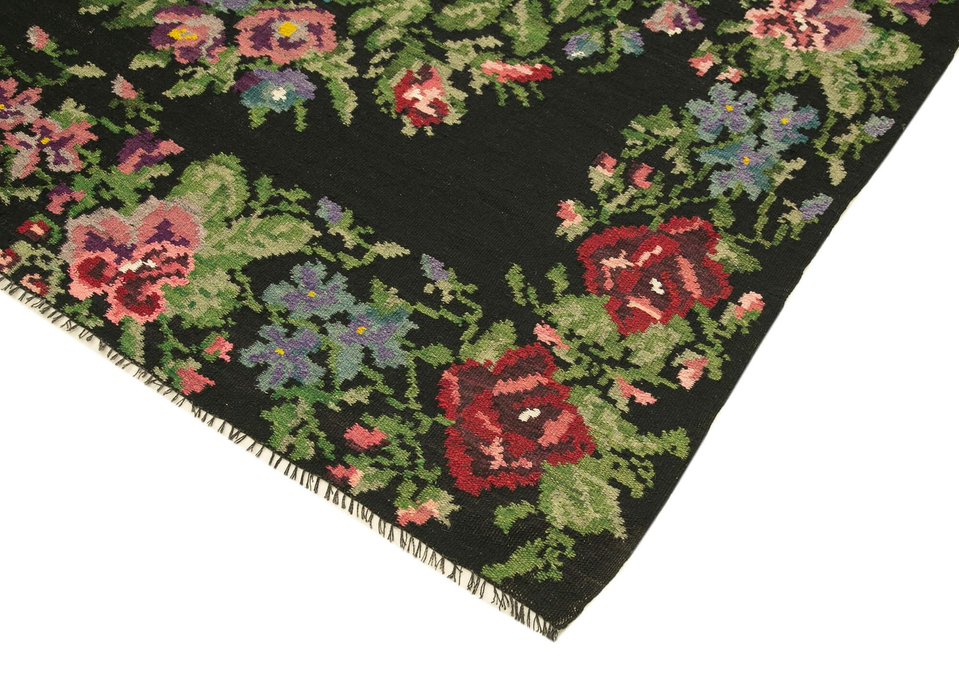 Moldovian Floral Siyah Çiçekli Pamuk Keçi Tüyü Yün El Dokuma Halısı 195x470 Agacan