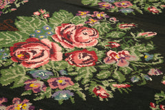 Moldovian Floral Siyah Çiçekli Pamuk Keçi Tüyü Yün El Dokuma Halısı 195x470 Agacan