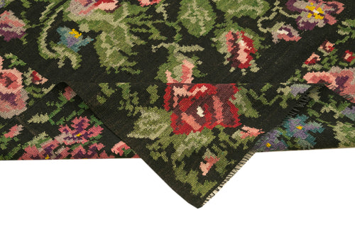 Moldovian Floral Siyah Çiçekli Pamuk Keçi Tüyü Yün El Dokuma Halısı 195x470 Agacan