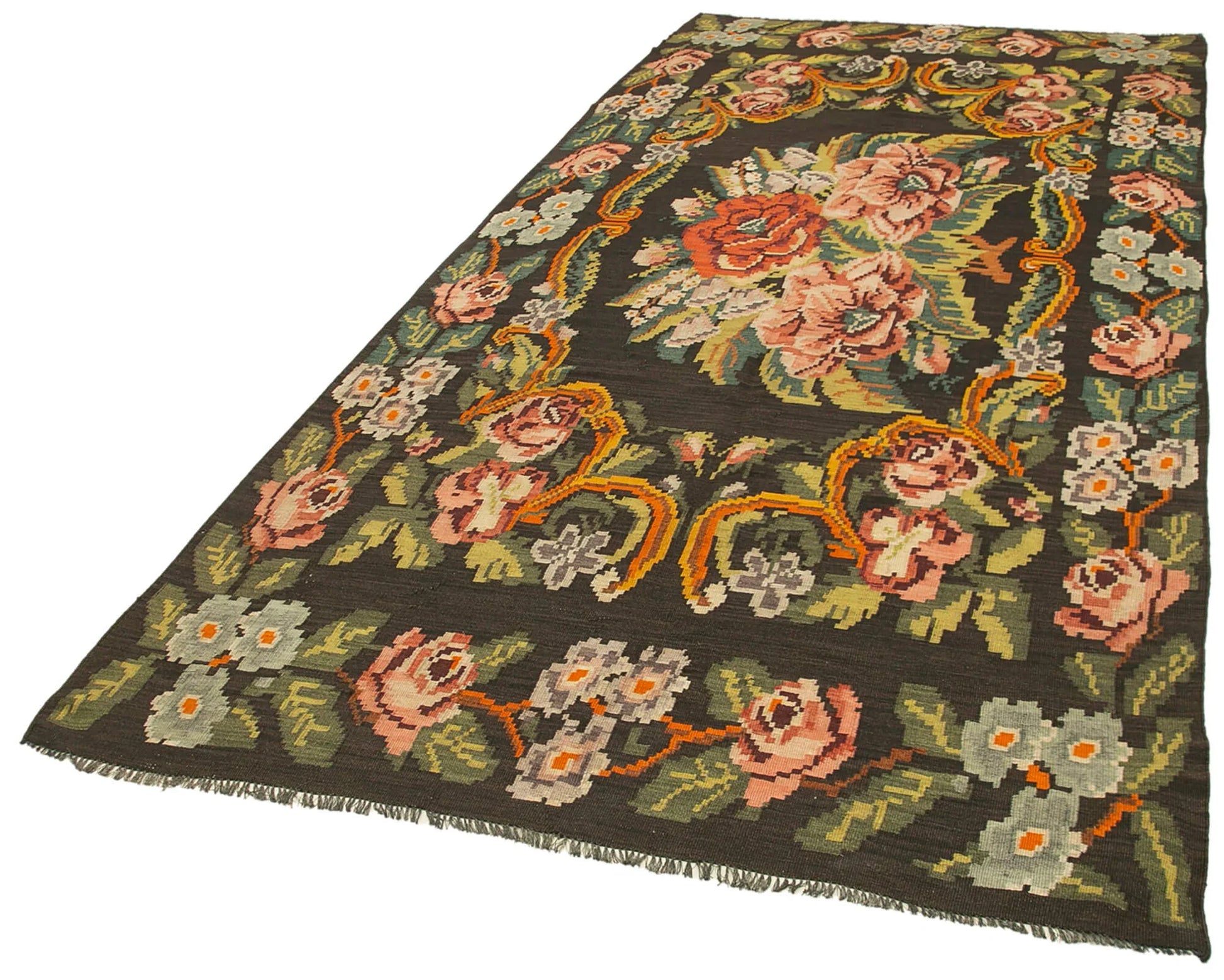 Moldovian Floral Siyah Çiçekli Pamuk Yün Keçi Tüyü El Dokuma Halısı 164x368 Agacan