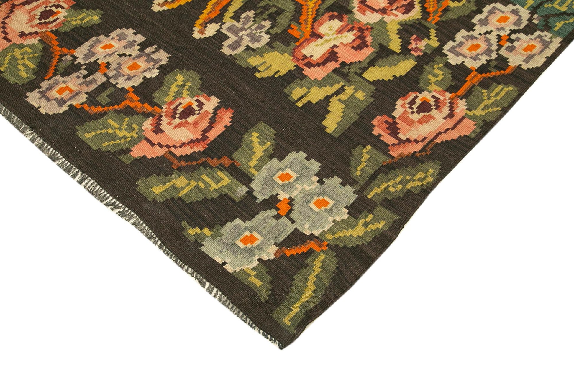 Moldovian Floral Siyah Çiçekli Pamuk Yün Keçi Tüyü El Dokuma Halısı 164x368 Agacan