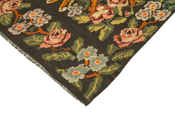 Moldovian Floral Siyah Çiçekli Pamuk Yün Keçi Tüyü El Dokuma Halısı 164x368 Agacan