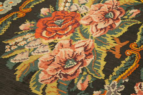 Moldovian Floral Siyah Çiçekli Pamuk Yün Keçi Tüyü El Dokuma Halısı 164x368 Agacan
