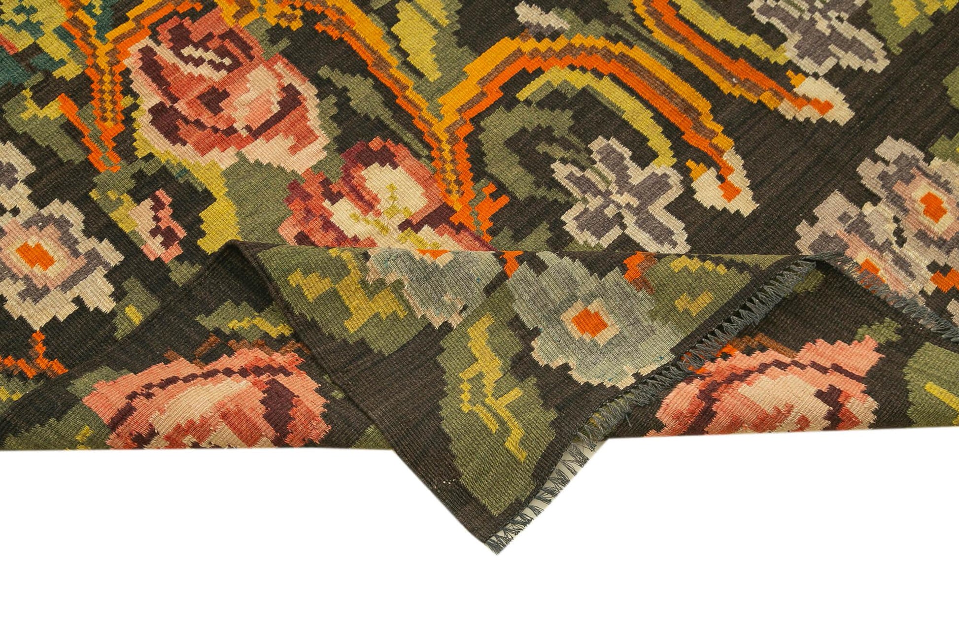 Moldovian Floral Siyah Çiçekli Pamuk Yün Keçi Tüyü El Dokuma Halısı 164x368 Agacan