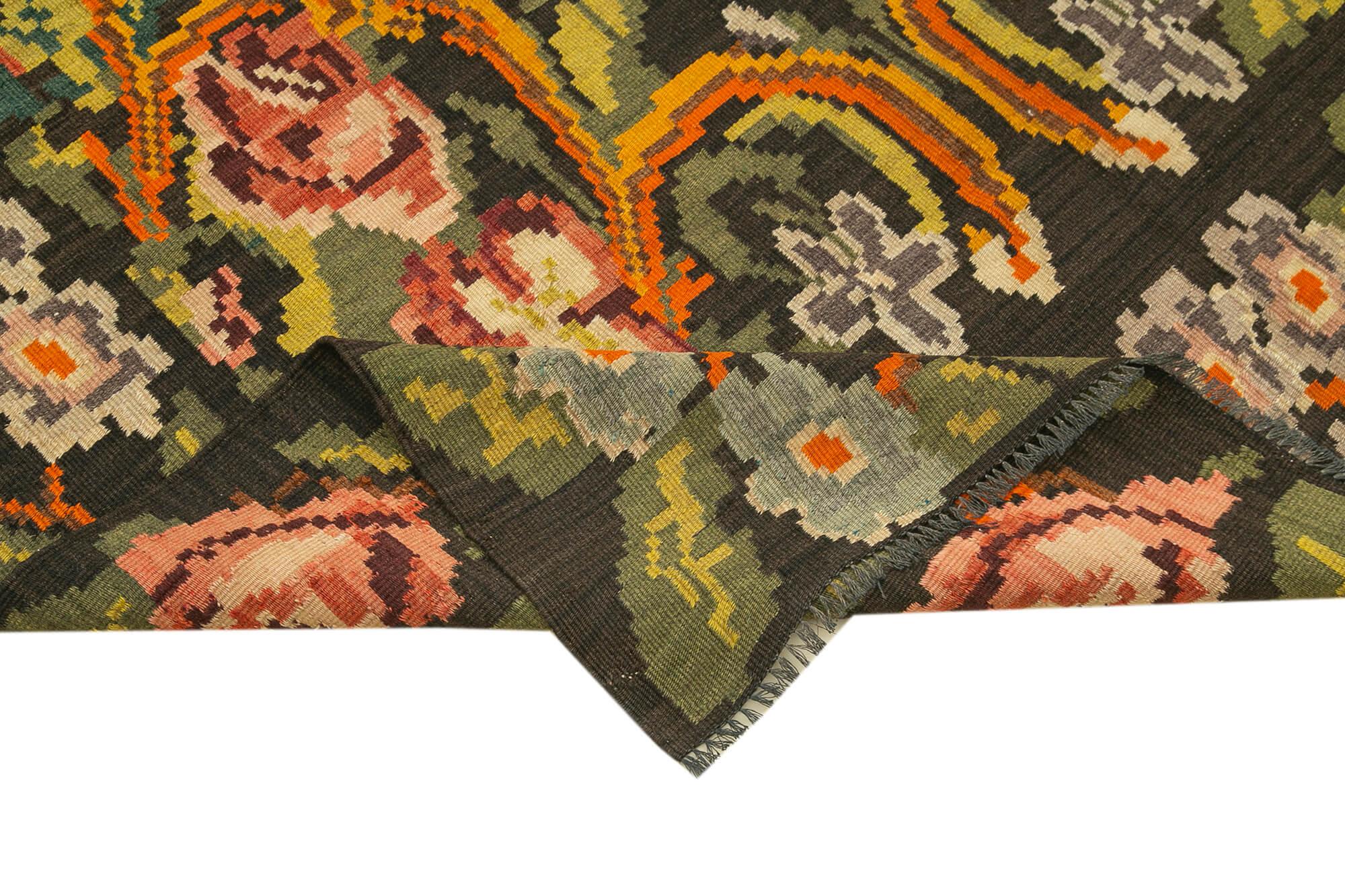 Moldovian Floral Siyah Çiçekli Pamuk Yün Keçi Tüyü El Dokuma Halısı 164x368 Agacan