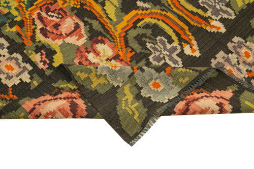 Moldovian Floral Siyah Çiçekli Pamuk Yün Keçi Tüyü El Dokuma Halısı 164x368 Agacan