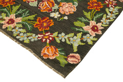 Moldovian Floral Siyah Çiçekli Pamuk Yün Keçi Tüyü El Dokuma Halısı 190x330 Agacan