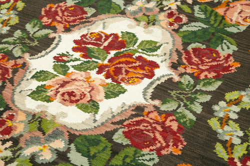 Moldovian Floral Siyah Çiçekli Pamuk Yün Keçi Tüyü El Dokuma Halısı 190x330 Agacan