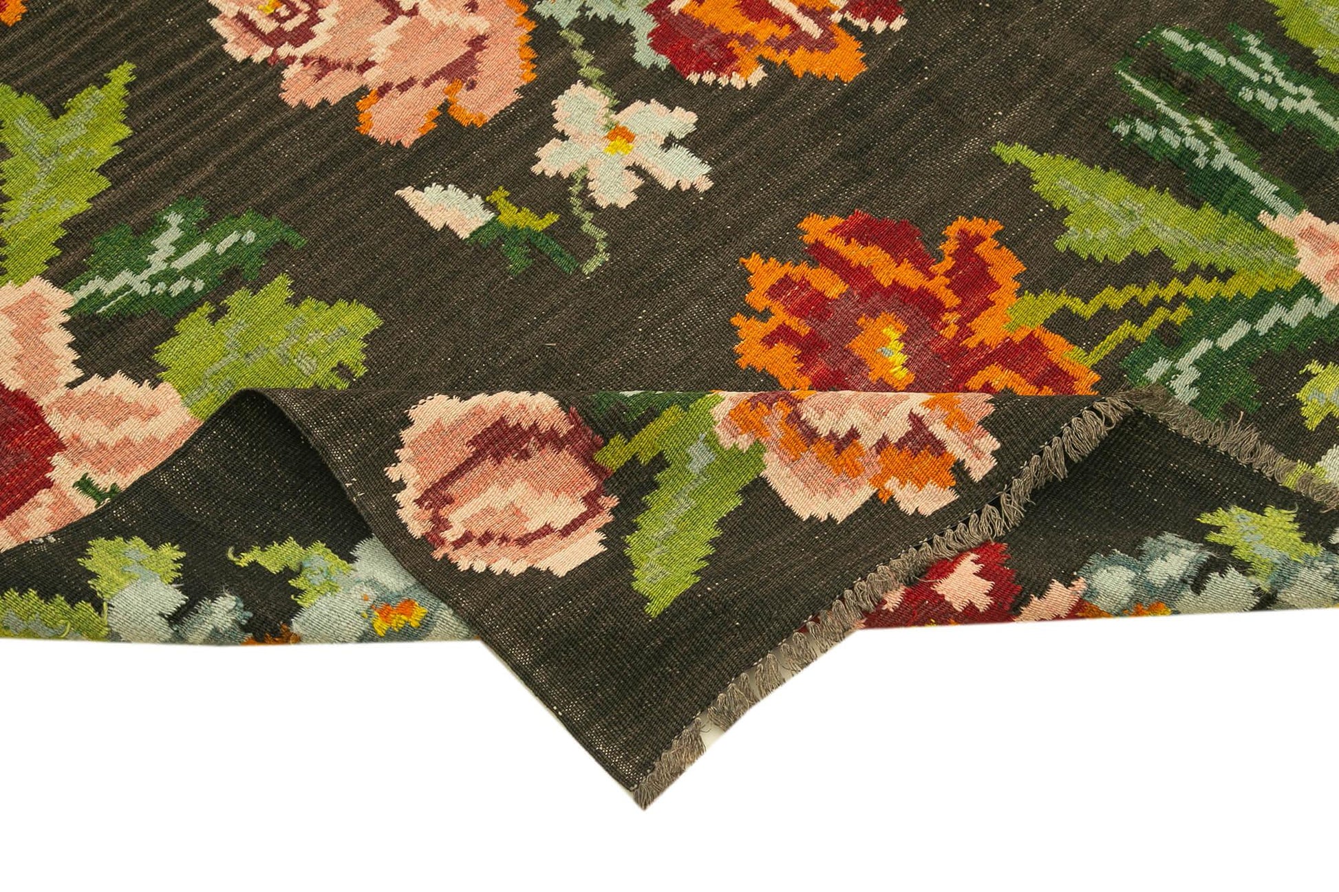 Moldovian Floral Siyah Çiçekli Pamuk Yün Keçi Tüyü El Dokuma Halısı 190x330 Agacan