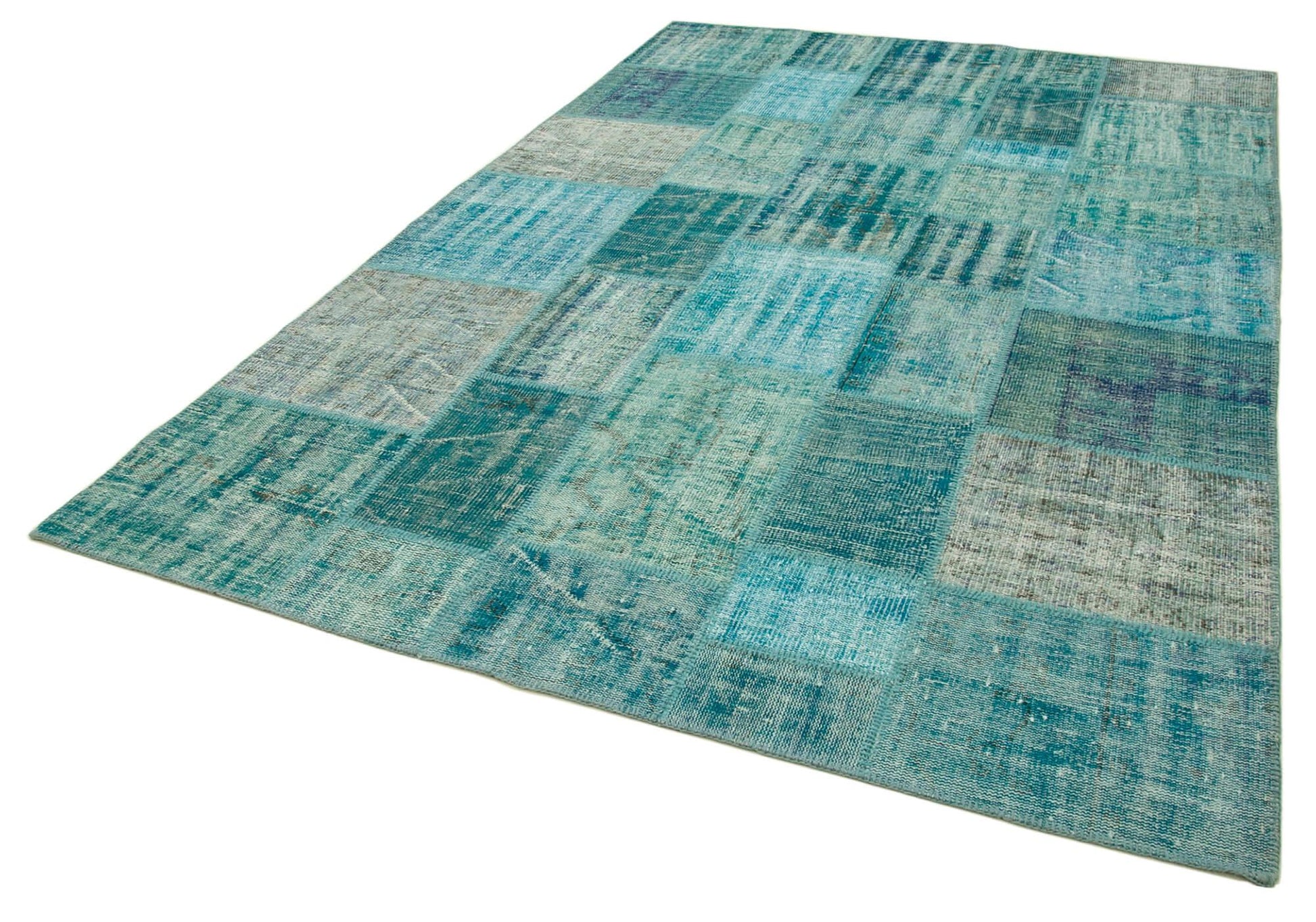 Kırk Yama Turkuaz Patchwork Pamuk Yün El Dokuma Halısı 204x303 Agacan