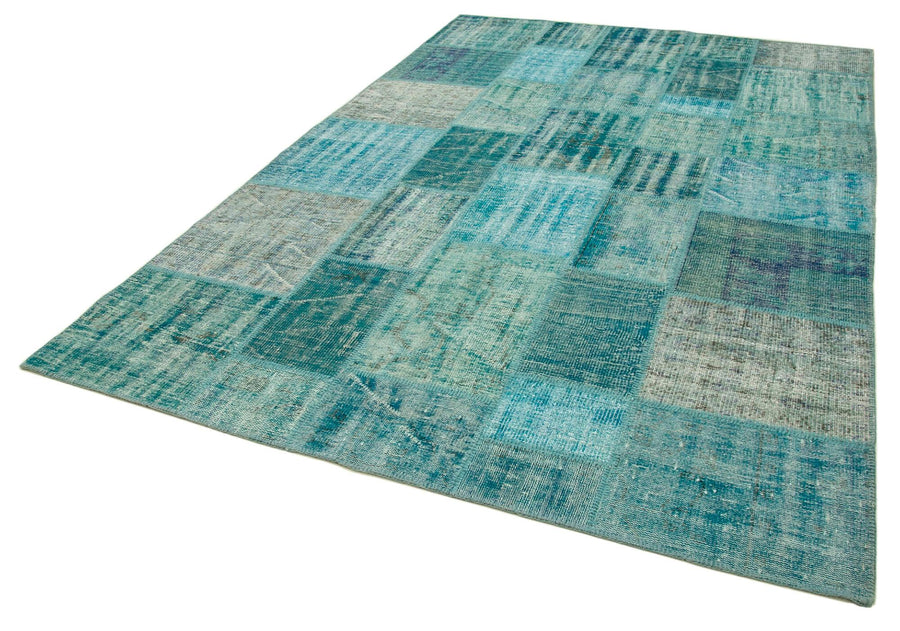 Kırk Yama Turkuaz Patchwork Pamuk Yün El Dokuma Halısı 204x303 Agacan