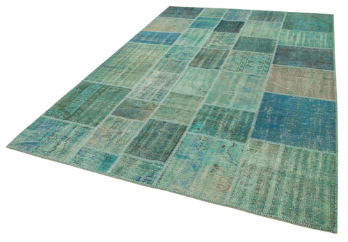 Kırk Yama Turkuaz Patchwork Pamuk Yün El Dokuma Halısı 205x300 Agacan