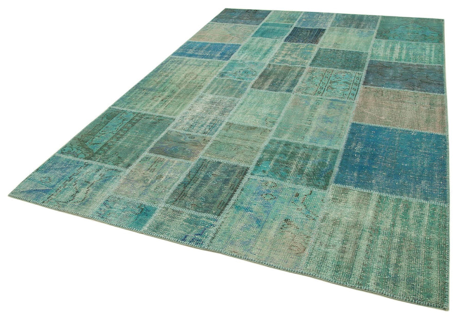 Kırk Yama Turkuaz Patchwork Pamuk Yün El Dokuma Halısı 205x300 Agacan