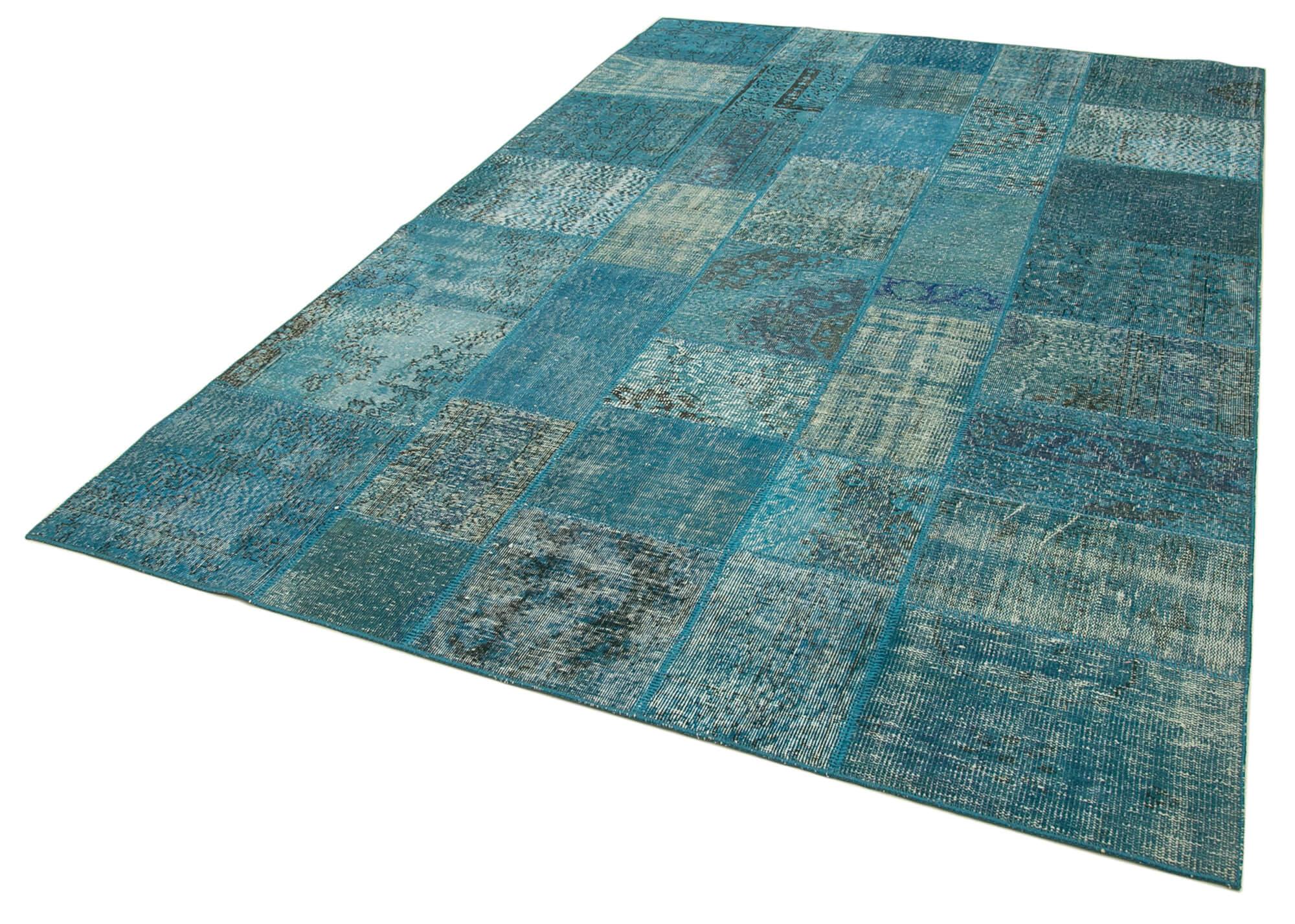 Kırk Yama Mavi Patchwork Pamuk Yün El Dokuma Halısı 200x297 Agacan