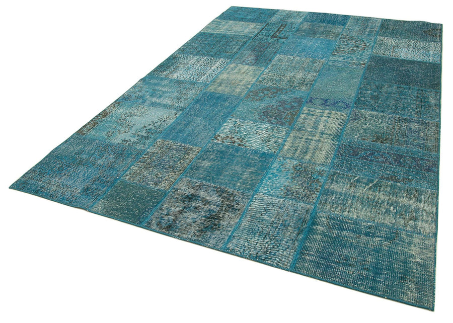 Kırk Yama Mavi Patchwork Pamuk Yün El Dokuma Halısı 200x297 Agacan