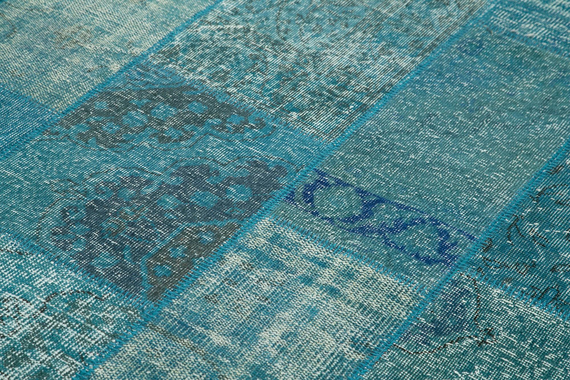 Kırk Yama Mavi Patchwork Pamuk Yün El Dokuma Halısı 200x297 Agacan
