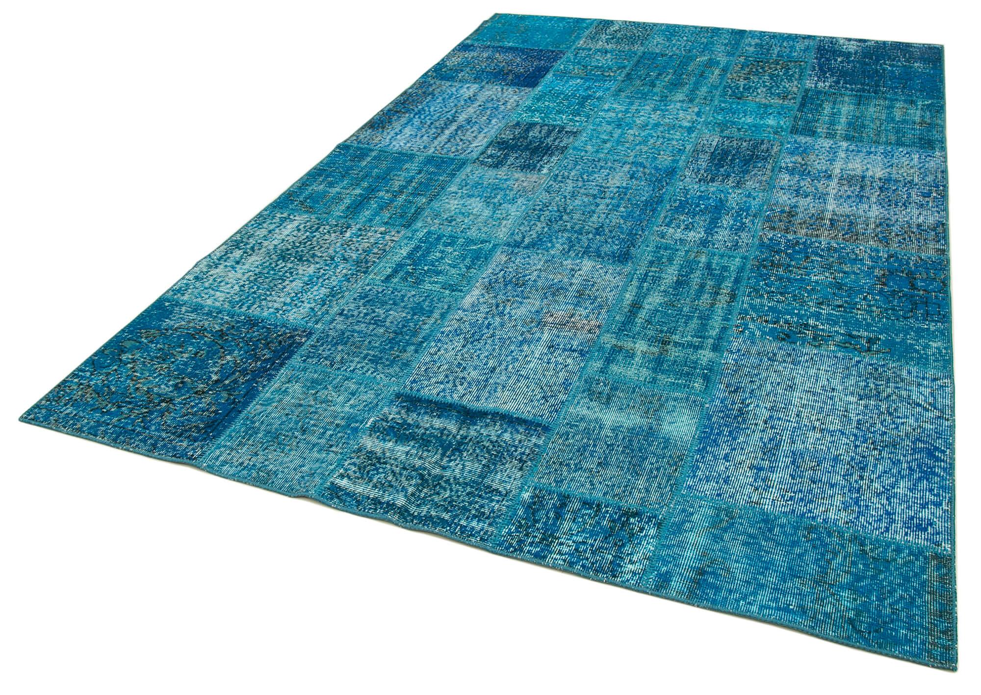Kırk Yama Mavi Patchwork Pamuk Yün El Dokuma Halısı 200x298 Agacan