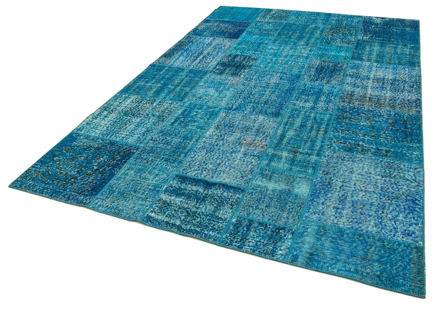 Kırk Yama Mavi Patchwork Pamuk Yün El Dokuma Halısı 200x298 Agacan