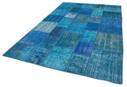 Kırk Yama Mavi Patchwork Pamuk Yün El Dokuma Halısı 205x305 Agacan