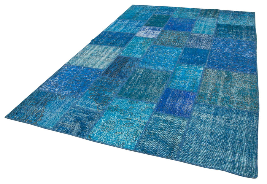 Kırk Yama Mavi Patchwork Pamuk Yün El Dokuma Halısı 205x305 Agacan