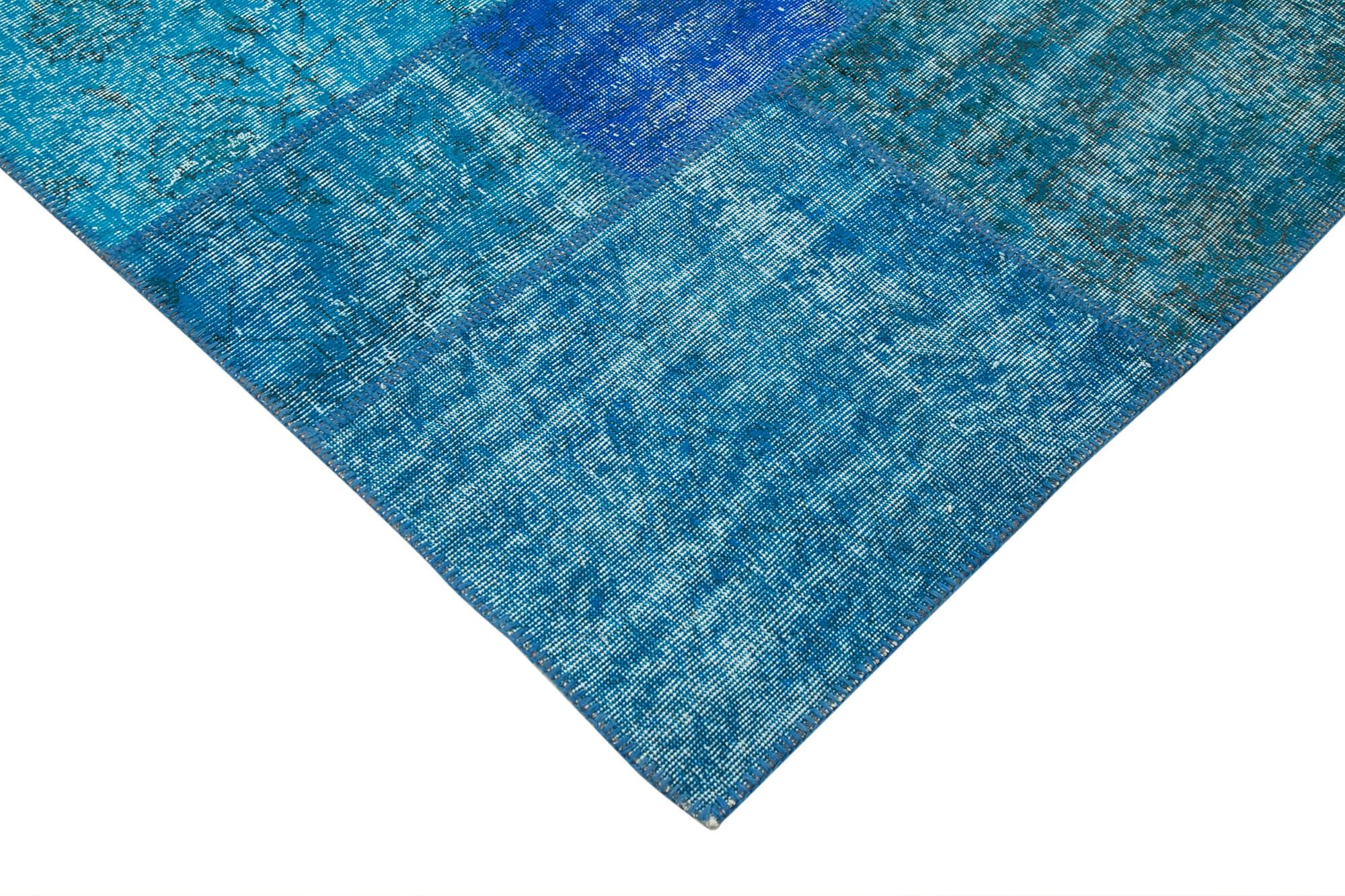 Kırk Yama Mavi Patchwork Pamuk Yün El Dokuma Halısı 205x305 Agacan