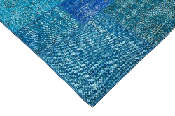 Kırk Yama Mavi Patchwork Pamuk Yün El Dokuma Halısı 205x305 Agacan
