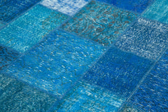 Kırk Yama Mavi Patchwork Pamuk Yün El Dokuma Halısı 205x305 Agacan