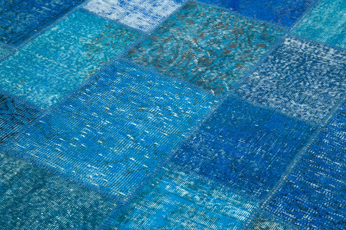 Kırk Yama Mavi Patchwork Pamuk Yün El Dokuma Halısı 205x305 Agacan