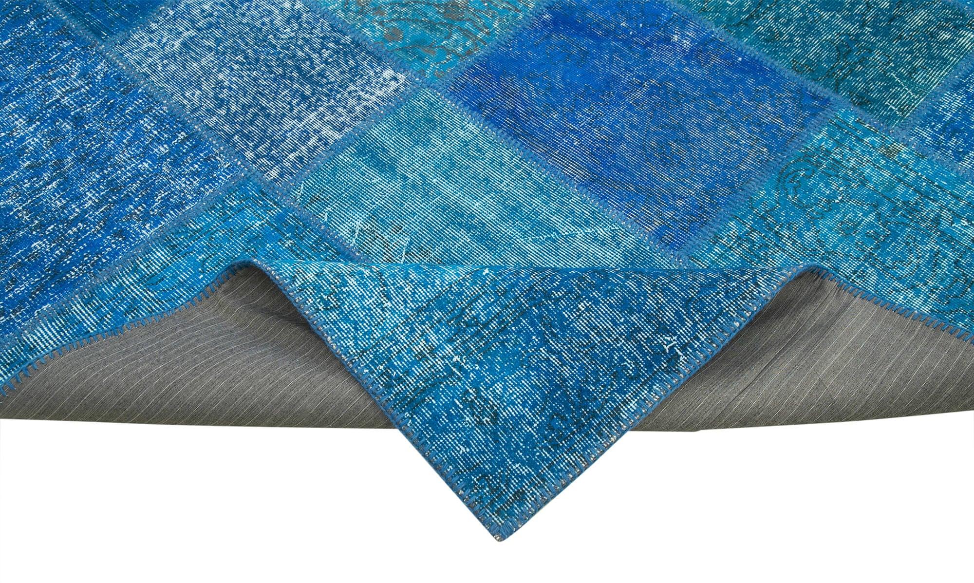 Kırk Yama Mavi Patchwork Pamuk Yün El Dokuma Halısı 205x305 Agacan