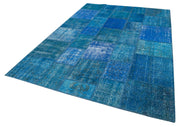 Kırk Yama Mavi Patchwork Pamuk Yün El Dokuma Halısı 206x298 Agacan