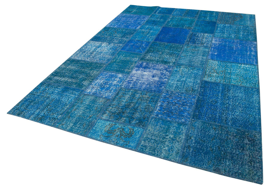 Kırk Yama Mavi Patchwork Pamuk Yün El Dokuma Halısı 206x298 Agacan