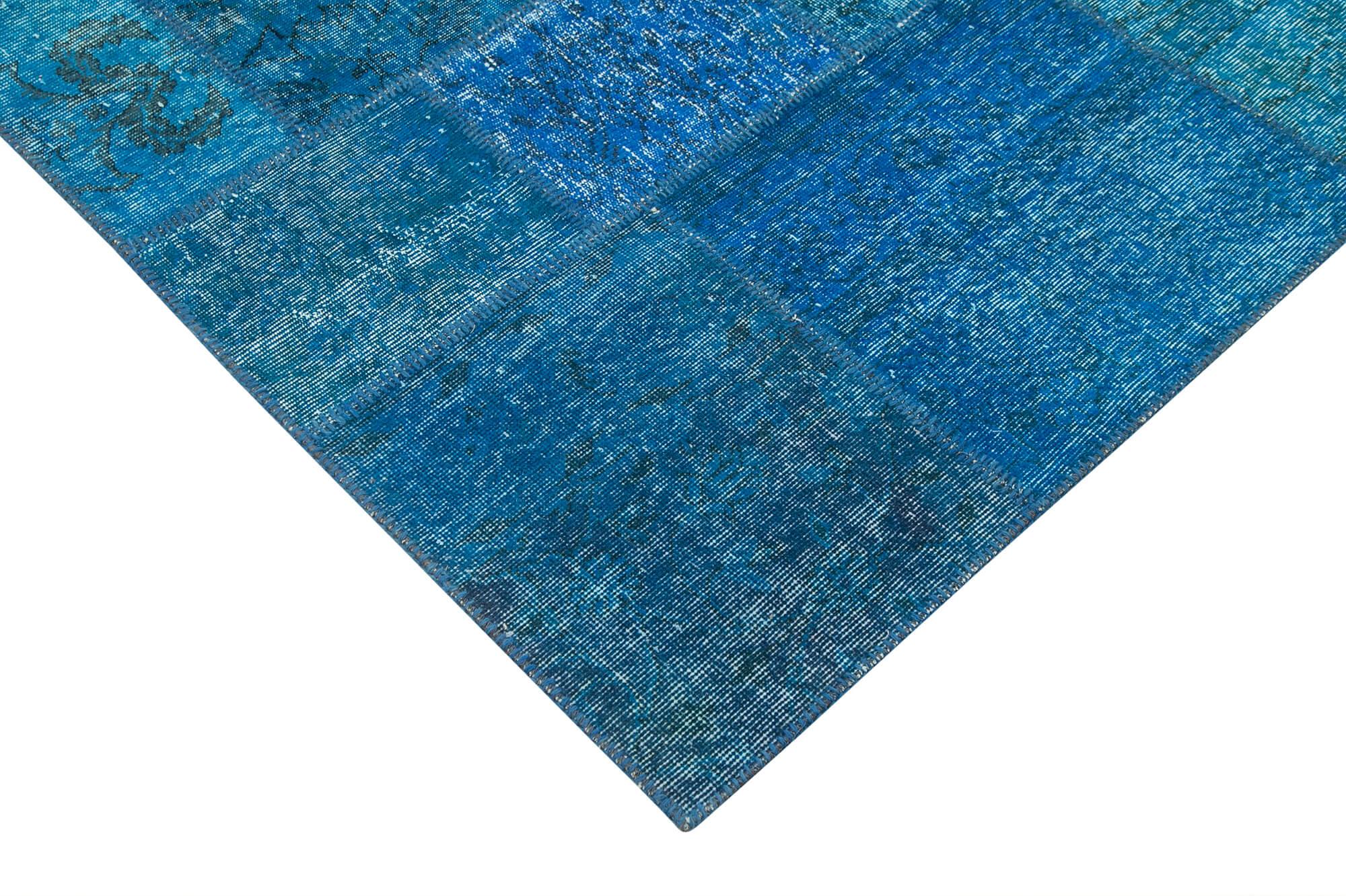 Kırk Yama Mavi Patchwork Pamuk Yün El Dokuma Halısı 206x298 Agacan