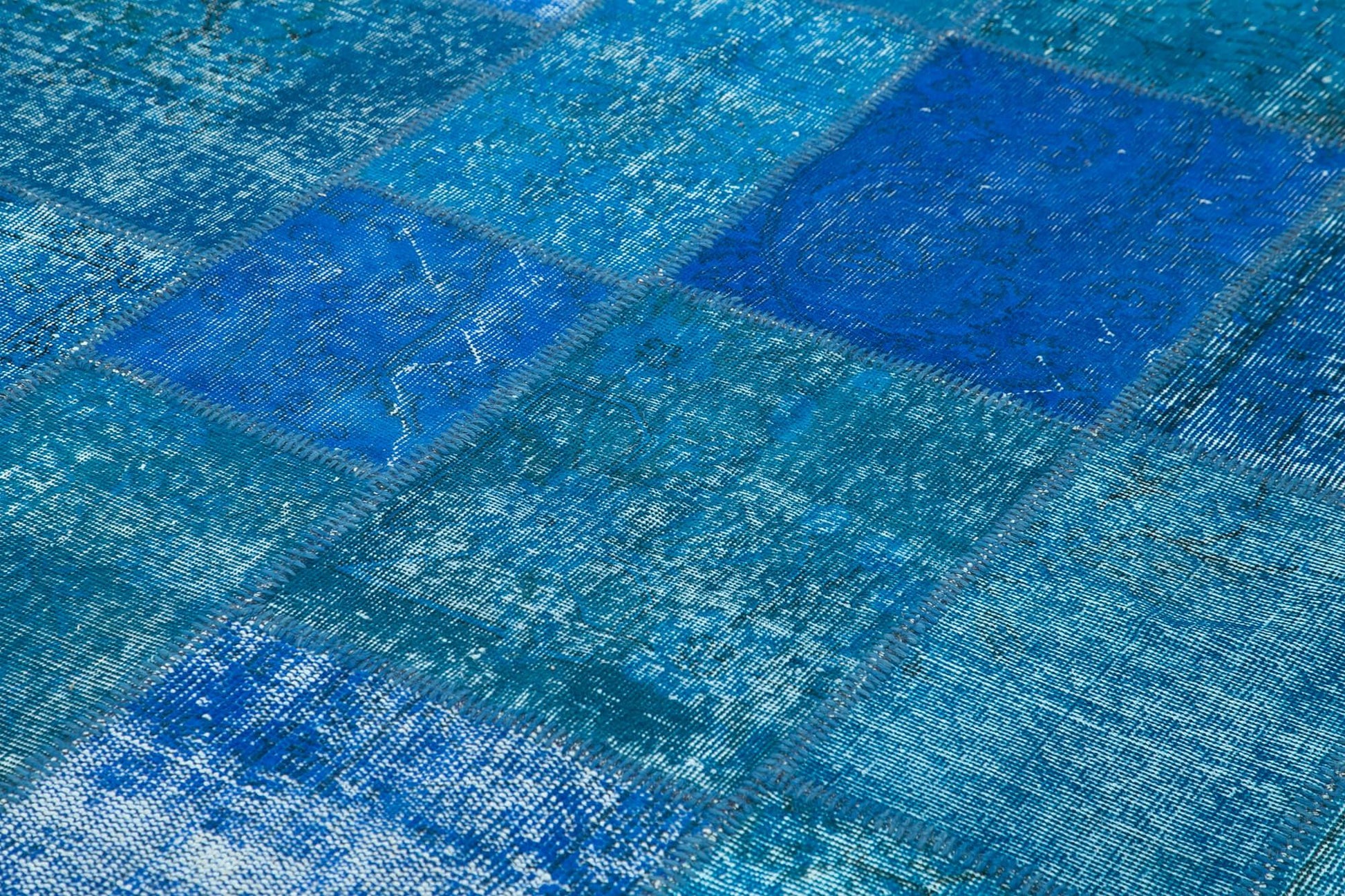 Kırk Yama Mavi Patchwork Pamuk Yün El Dokuma Halısı 206x298 Agacan