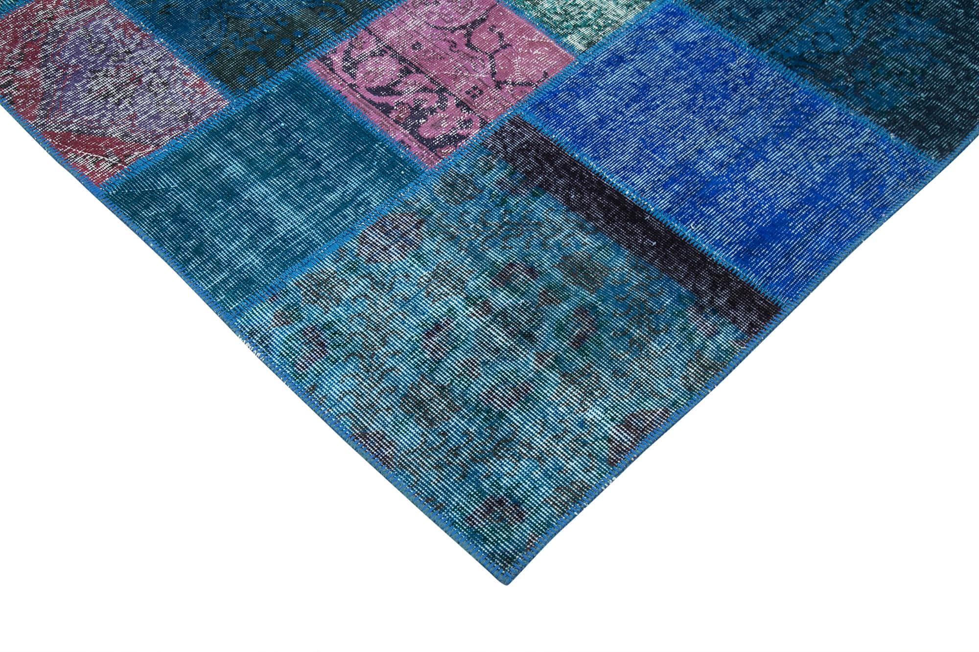 Kırk Yama Mavi Patchwork Pamuk Yün El Dokuma Halısı 202x300 Agacan
