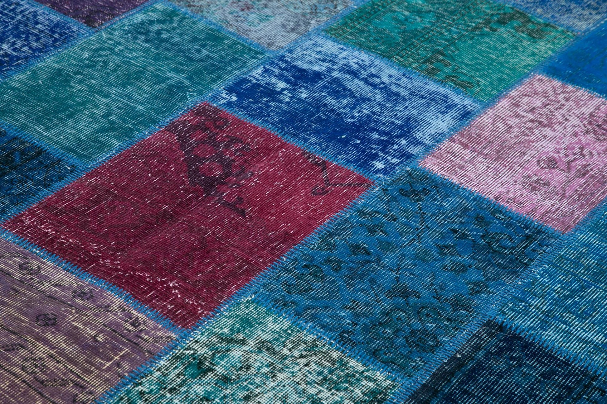 Kırk Yama Mavi Patchwork Pamuk Yün El Dokuma Halısı 202x300 Agacan