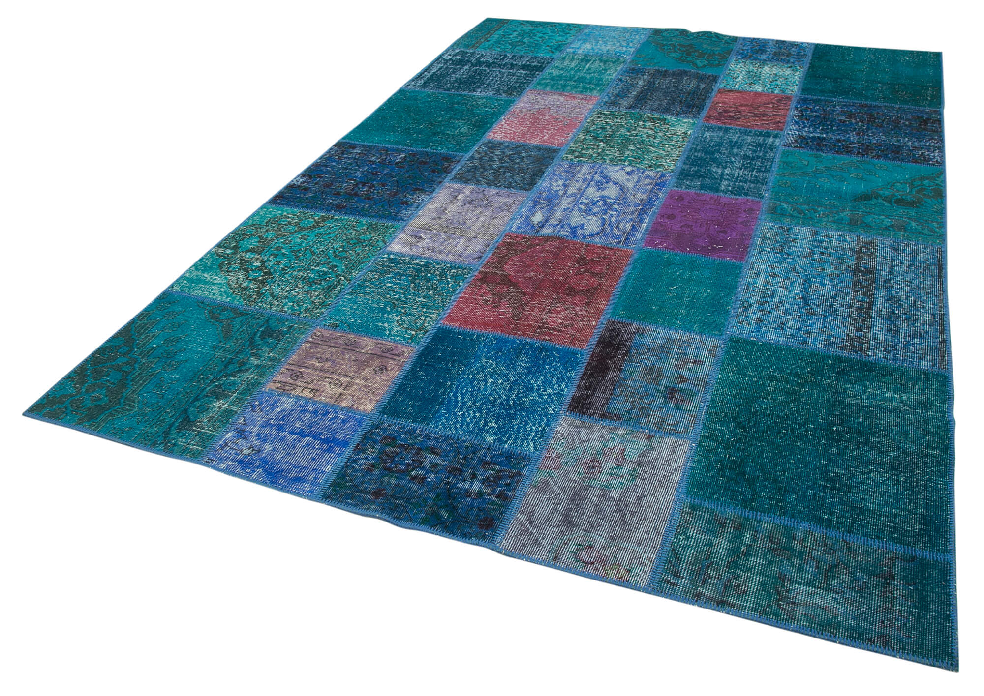 Kırk Yama Turkuaz Patchwork Pamuk Yün El Dokuma Halısı 204x300 Agacan