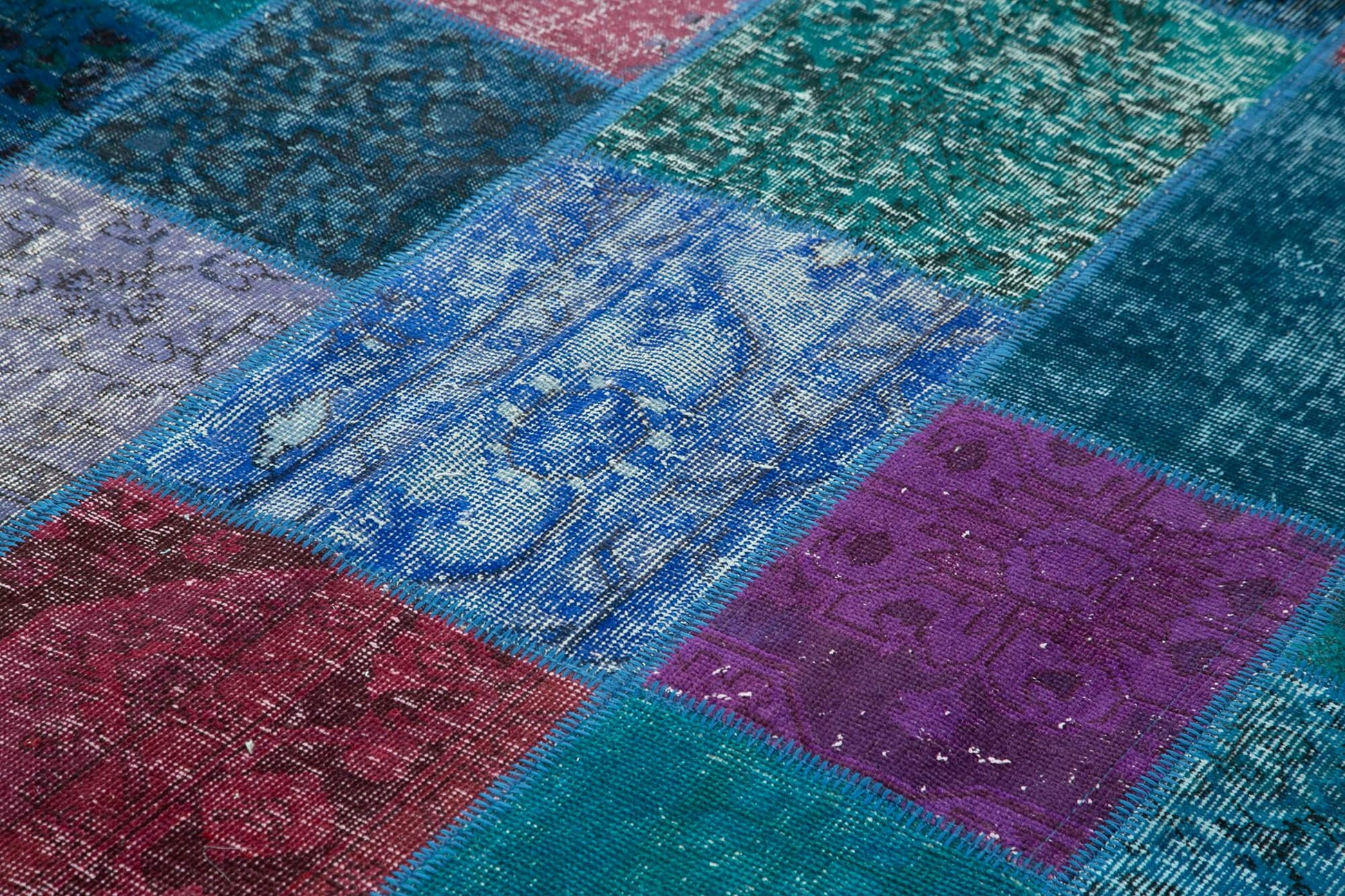 Kırk Yama Turkuaz Patchwork Pamuk Yün El Dokuma Halısı 204x300 Agacan