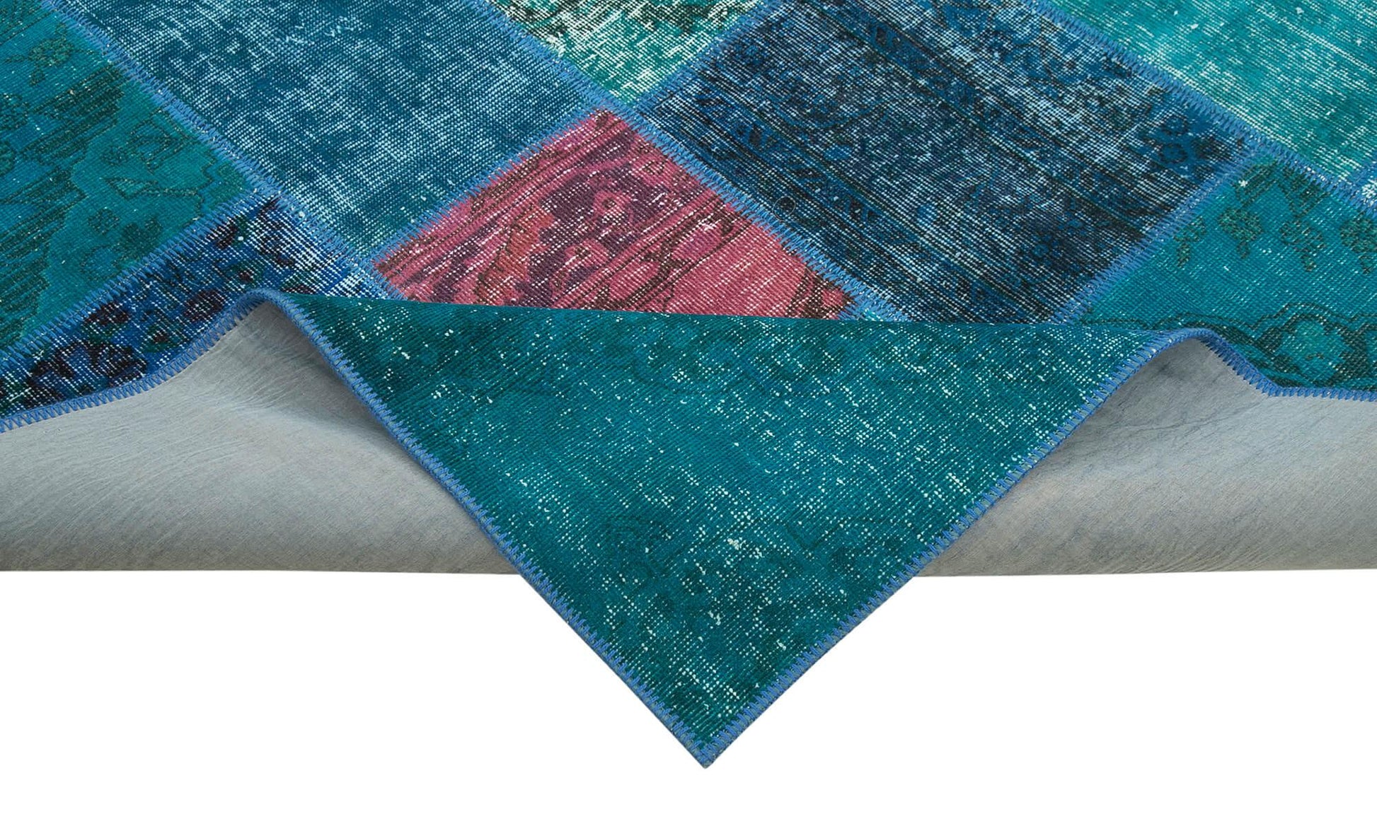 Kırk Yama Turkuaz Patchwork Pamuk Yün El Dokuma Halısı 204x300 Agacan